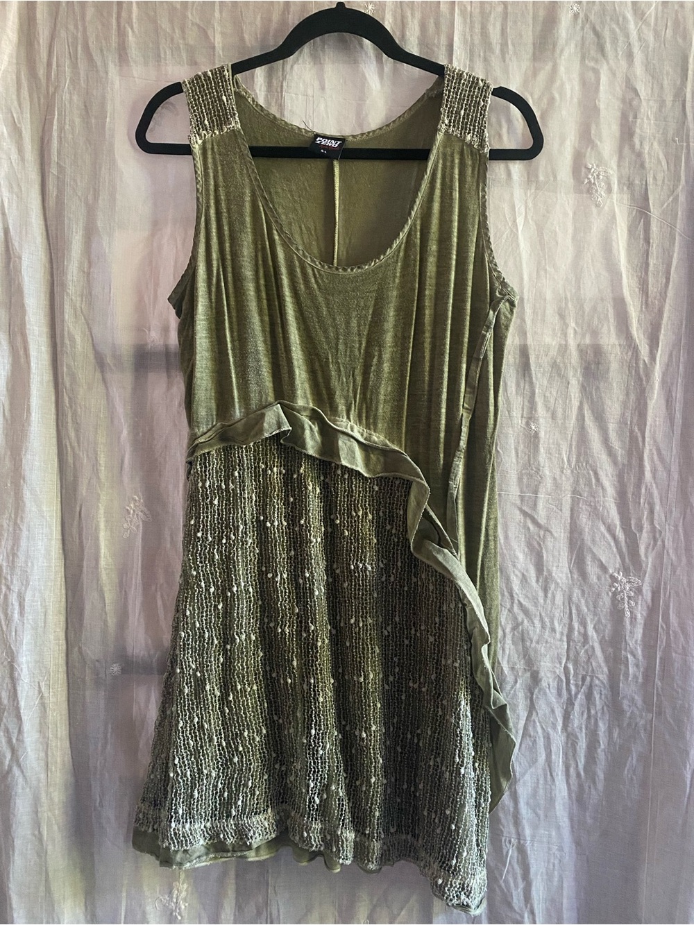 Point Zero Olive Green Beaded Ruffle Mini Dress Y2K Fairycore L